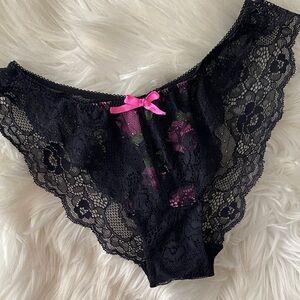 Black Lace Floral Bikini Panty with Pink Accent
